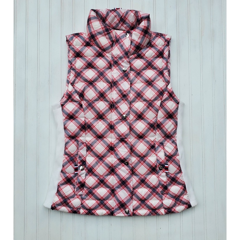 Tommy Hilfiger Womens Plaid Puffer Vest Red White Blue Snap Front Small